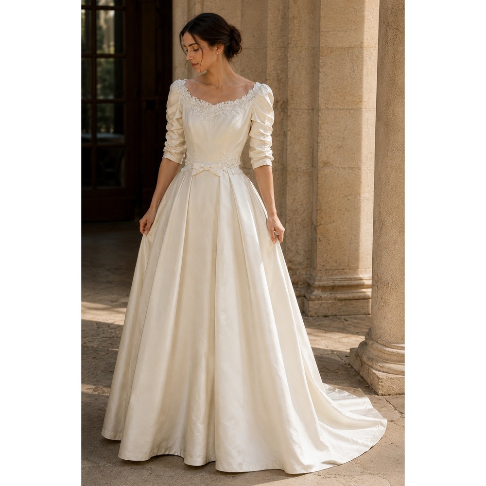 VTG Priscilla of Boston Silk Satin Wedding Gown ORIGINAL COUTURE Bridal DRESS XS